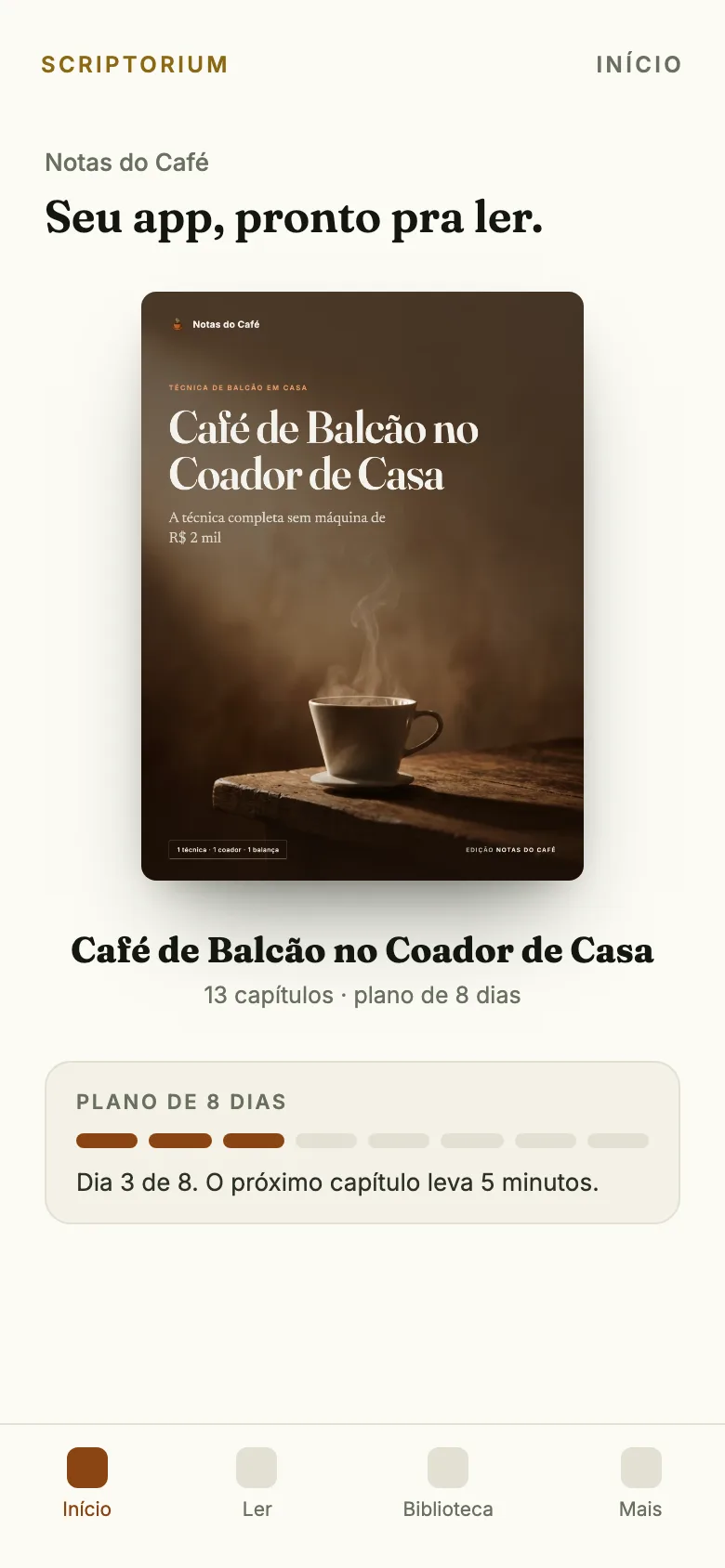 Capa do app: o ebook Café de Balcão no Coador de Casa aberto na tela Início, com o plano de 8 dias
