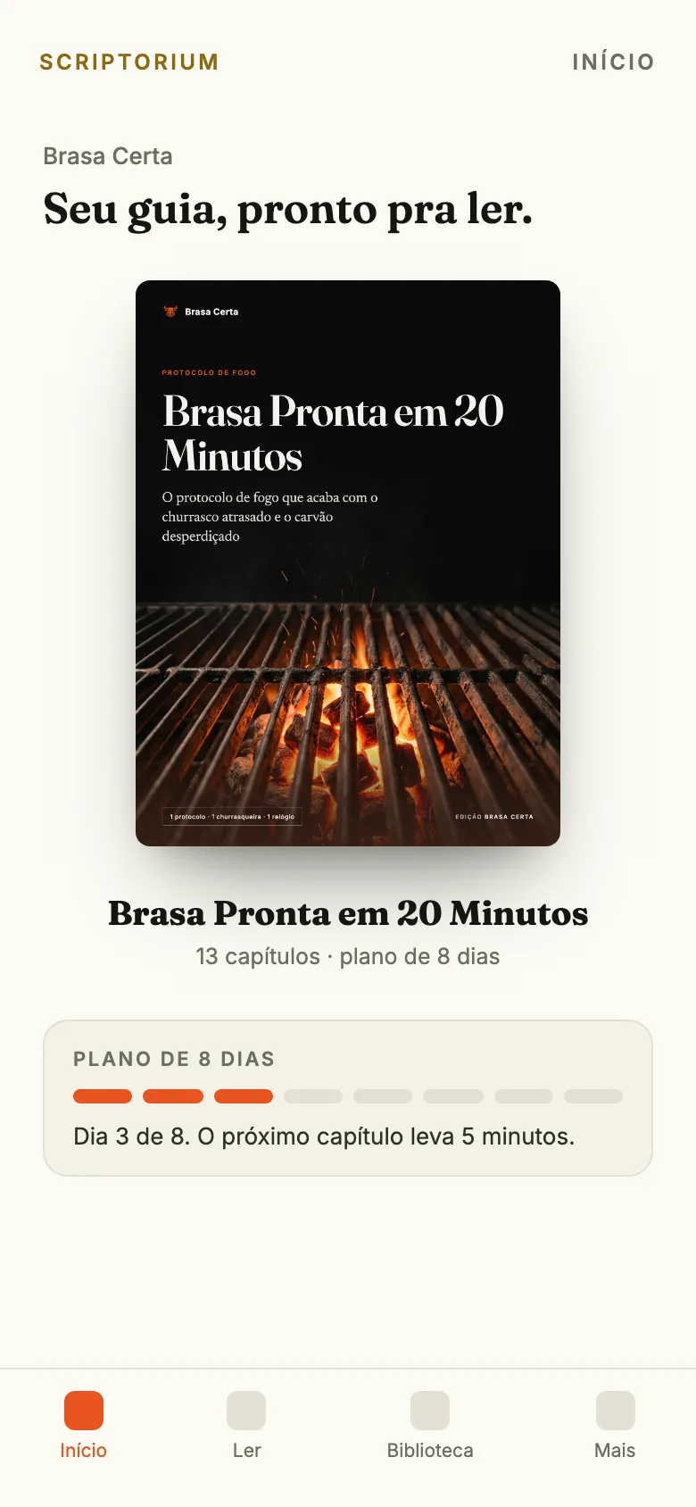 O guia Brasa Pronta em 20 Minutos aberto no app