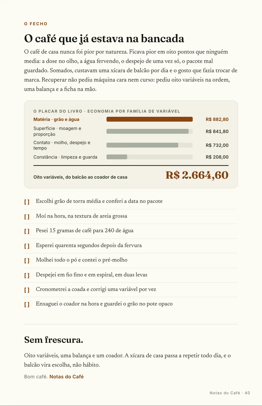 O fecho: O placar do livro: R$ 2.664,60 de volta no primeiro ano, sem equipamento novo na bancada